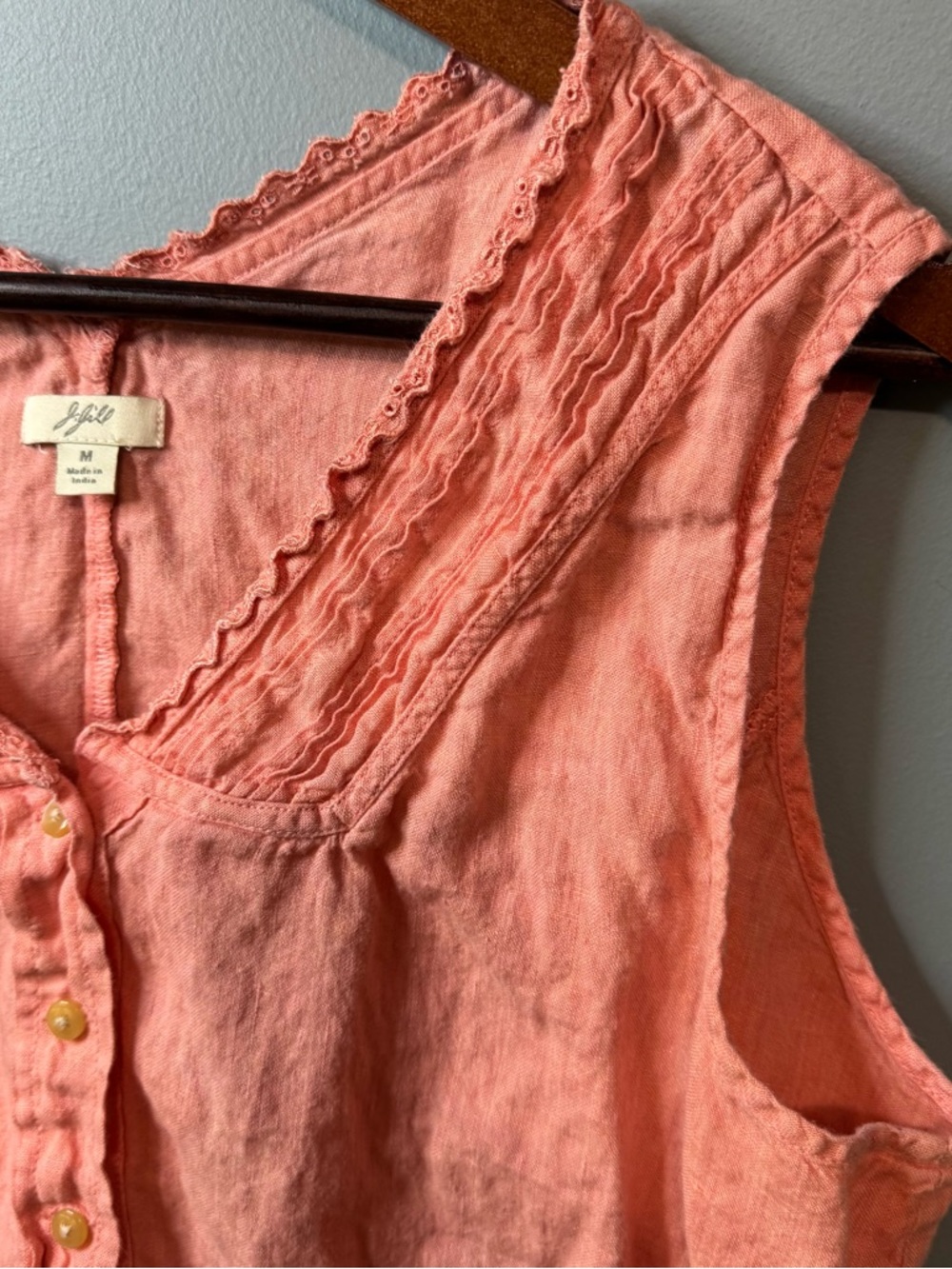 J. Jill 100% Linen Button Front Tank Top Coral Pink Eyelet Trim Size Medium - Picture 4 of 10